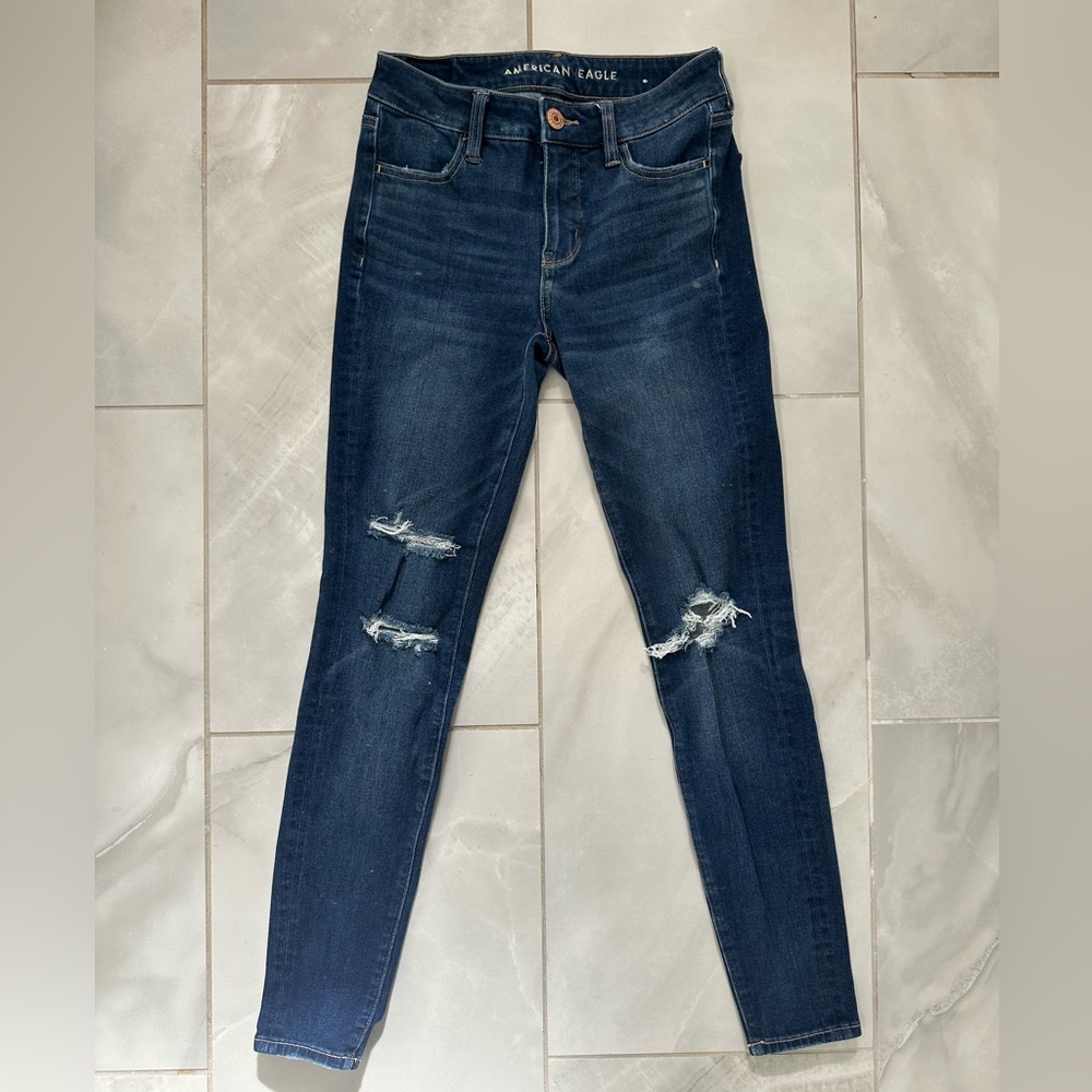 American Eagle Outfitters Dark Blue Distressed Skinny Jeans Jeggings